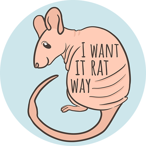 I Want It Rat Way logo featuring the text on a smiling Grave Rat.