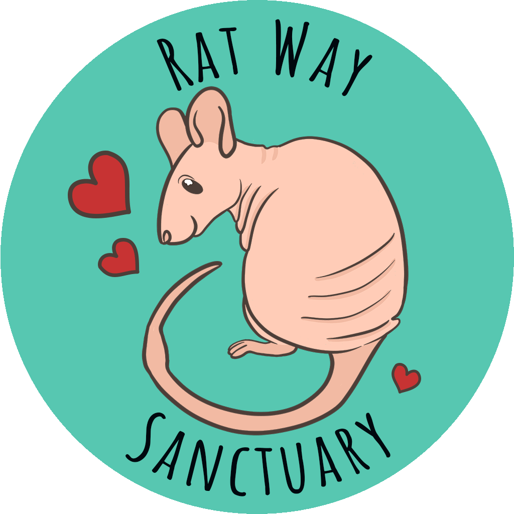 Rat Way Sanctuary logo featuring Grave Rat with three hearts